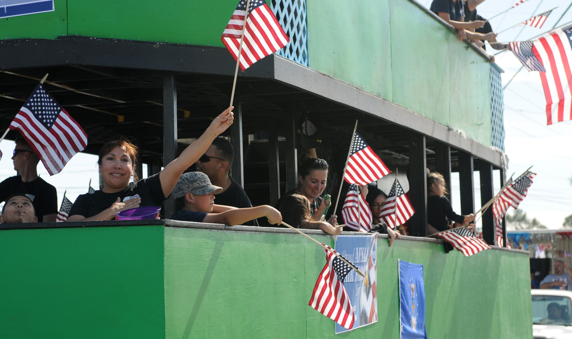 Air Force Sergeants Association members ride a float at the 16th Annual Gulf Coast Veterans Day Parade Nov. 12, 2016, in D’Iberville, Miss. More than 5,000 Mississippi and Louisiana citizens watched the parade honoring Gulf Coast veterans. Keesler Honor Guard members, base leadership and more than 215 81st Training Group Airmen with the 50 State Flag Team and Drum and Bugle Corps also came out to celebrate the holiday. (U.S. Air Force photo by Senior Airman Holly Mansfield)