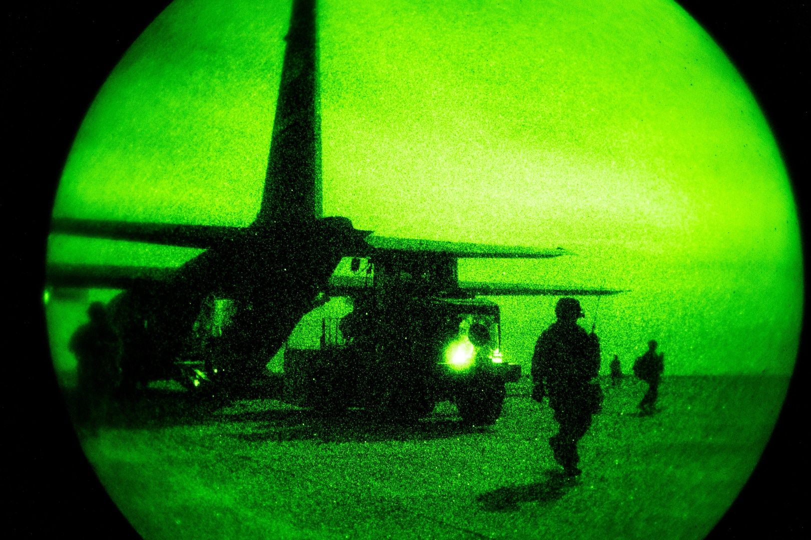 A 746th Expeditionary Airlift Squadron C-130 Hercules is unloaded by a 821st Contingency Response Group forklift during blackout conditions at Qayyarah West Airfield, Iraq, in support of Combined Joint Task Force - Operation Inherent Resolve, Nov. 12, 2016. The 746th EAS is actively engaged in tactical airlift operations supporting the Mosul offensive.(U.S. Air Force photo by Senior Airman Jordan Castelan)