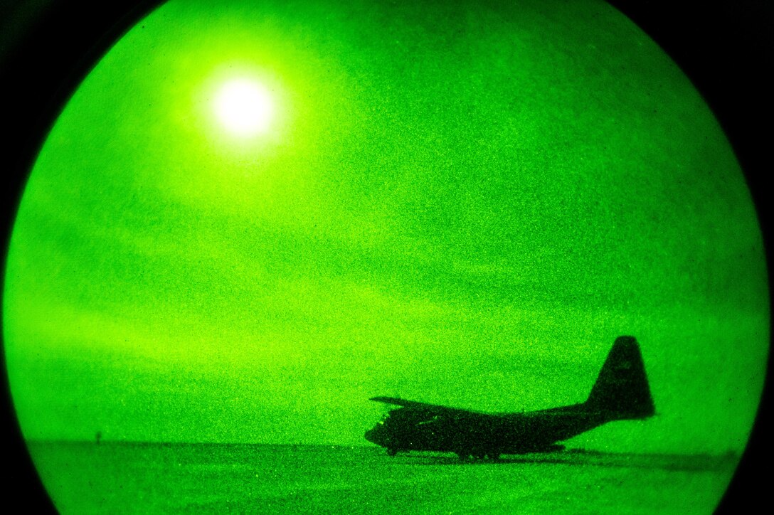 A 746th Expeditionary Airlift Squadron C-130 Hercules prepares to taxi during blackout conditions at Qayyarah West Airfield, Iraq, in support of Combined Joint Task Force - Operation Inherent Resolve, Nov. 12, 2016. The 746th EAS squadron is actively engaged in tactical airlift operations supporting the Mosul offensive. (U.S. Air Force photo by Senior Airman Jordan Castelan)

