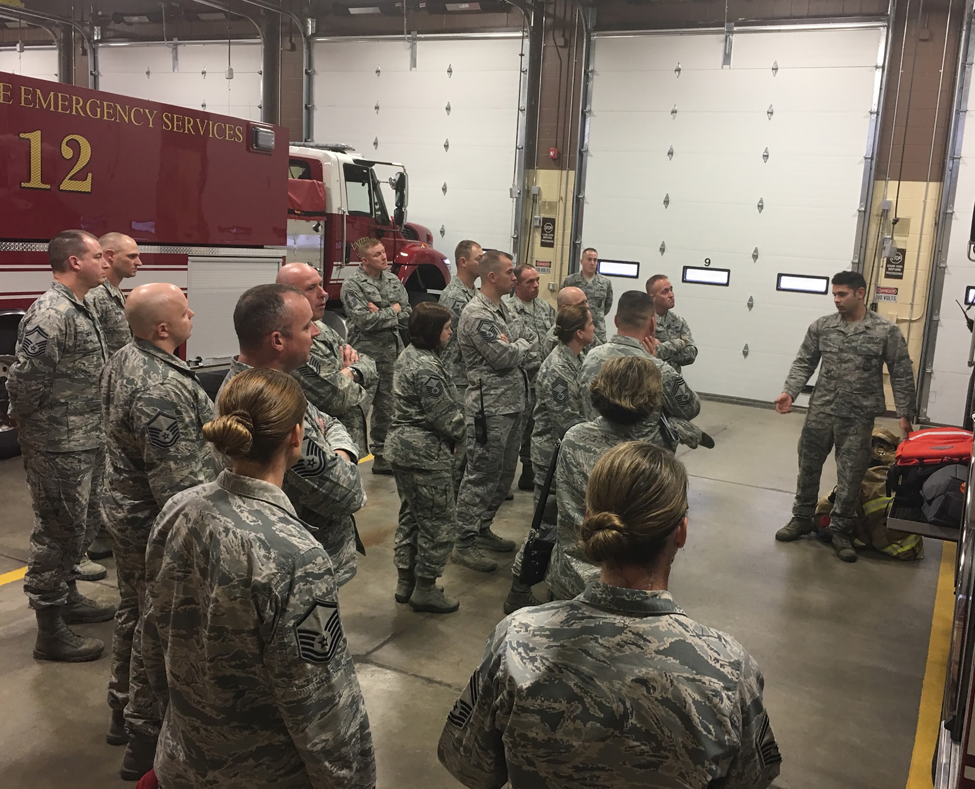 Senior Airman Norberto Gonzalez, 341st Civil Engineer Squadron firefighter, provides a brief on the capabilities of the base fire department to senior non-commissioned officers Nov. 15, 2016 at Malmstrom Air Force Base, Mont. The Big Sky Top 3 is open to all SNCOs, to include master sergeant selects. (Courtesy photo)