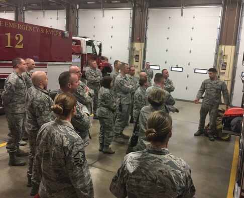 Senior Airman Norberto Gonzalez, 341st Civil Engineer Squadron firefighter, provides a brief on the capabilities of the base fire department to senior non-commissioned officers Nov. 15, 2016 at Malmstrom Air Force Base, Mont. The Big Sky Top 3 is open to all SNCOs, to include master sergeant selects. (Courtesy photo)