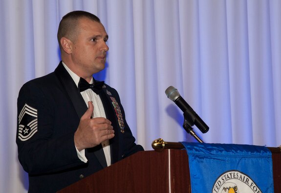 Chief Master Sgt. Brandon Knight, the 71st Security Forces Squadron security forces manager, addresses the graduates of Airman Leadership School Class 17A during their graduation ceremony Nov. 9 at the Vance Collocated Club, Vance Air Force Base, Oklahoma. Sixteen Vance senior airmen completed the six-week course that teaches Airmen how to be front-line supervisors. (U.S. Air Force photo/ Tech. Sgt. James Bolinger)