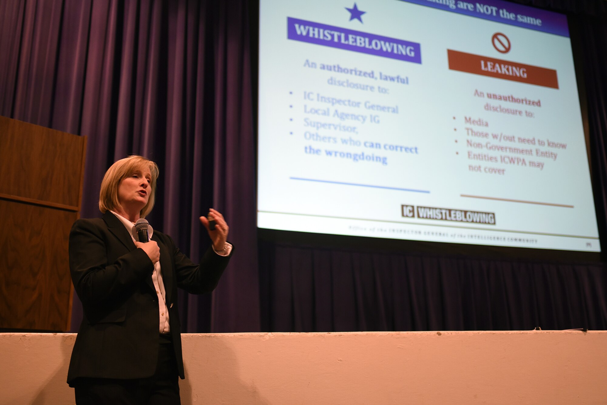 PETERSON AIR FORCE BASE, Colo. – Almarah Belk, Intelligence Community’s Whistleblowing and Source Protection deputy executive director for outreach, educates Team Pete about whistleblowing protection during a briefing at Peterson Air Force Base, Colo., Nov. 8, 2016. The briefing was held to inform people about whistleblowing so if an applicable situation arises, they will know the proper way to proceed. (U.S. Air Force photo by Airman 1st Class Dennis Hoffman)