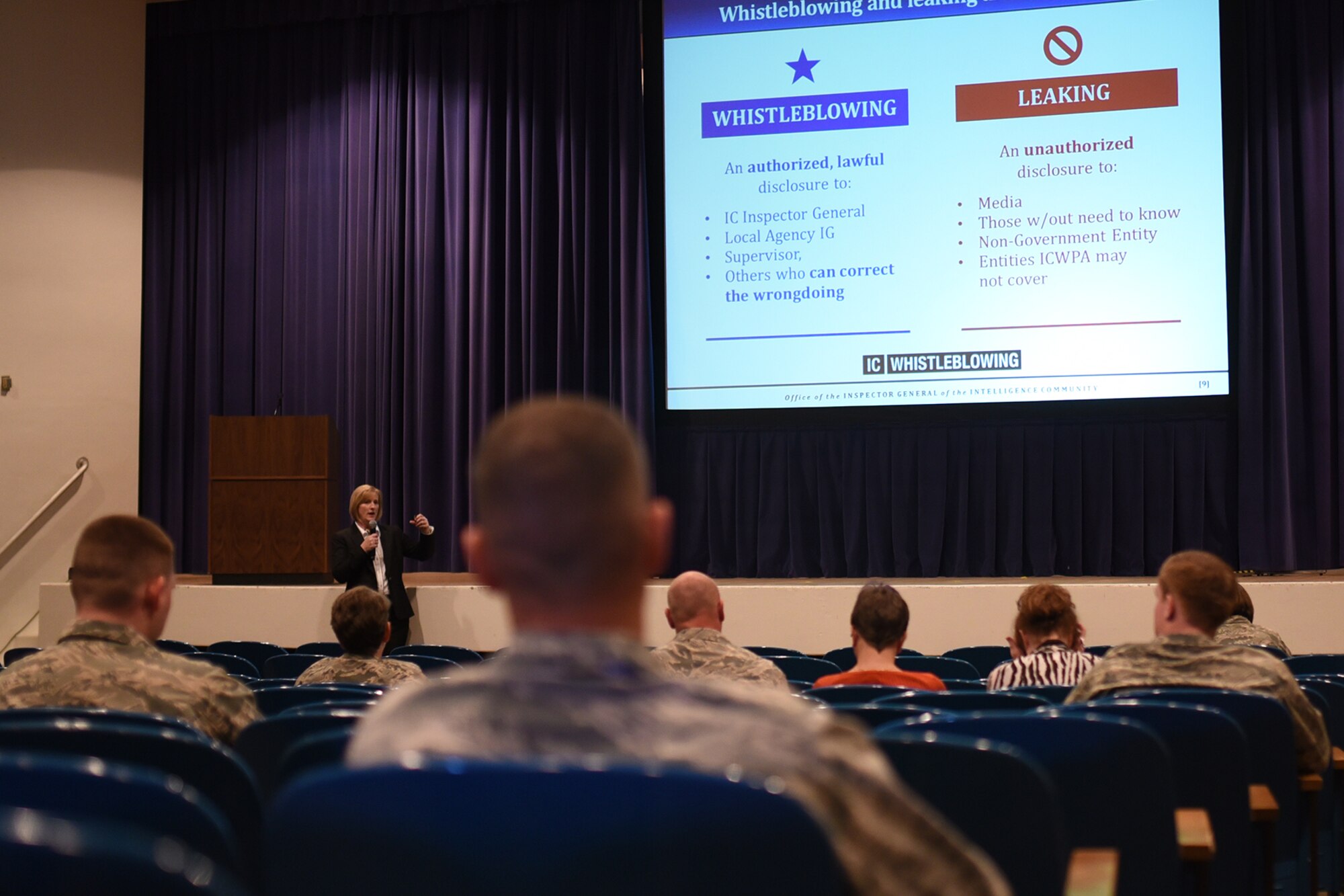 PETERSON AIR FORCE BASE, Colo. – Almarah Belk, Intelligence Community’s Whistleblowing and Source Protection deputy executive director for outreach, educates Team Pete on the difference between whistleblowing and leaking at a seminar about whistleblowing protection at Peterson Air Force Base, Colo., Nov. 8, 2016. Whistleblowing is a legal, protected and the accepted way to voice concerns with serious problems while leaking information to the press or another source is illegal, unprotected and unacceptable. It’s important to know the difference. (U.S. Air Force photo by Airman 1st Class Dennis Hoffman)