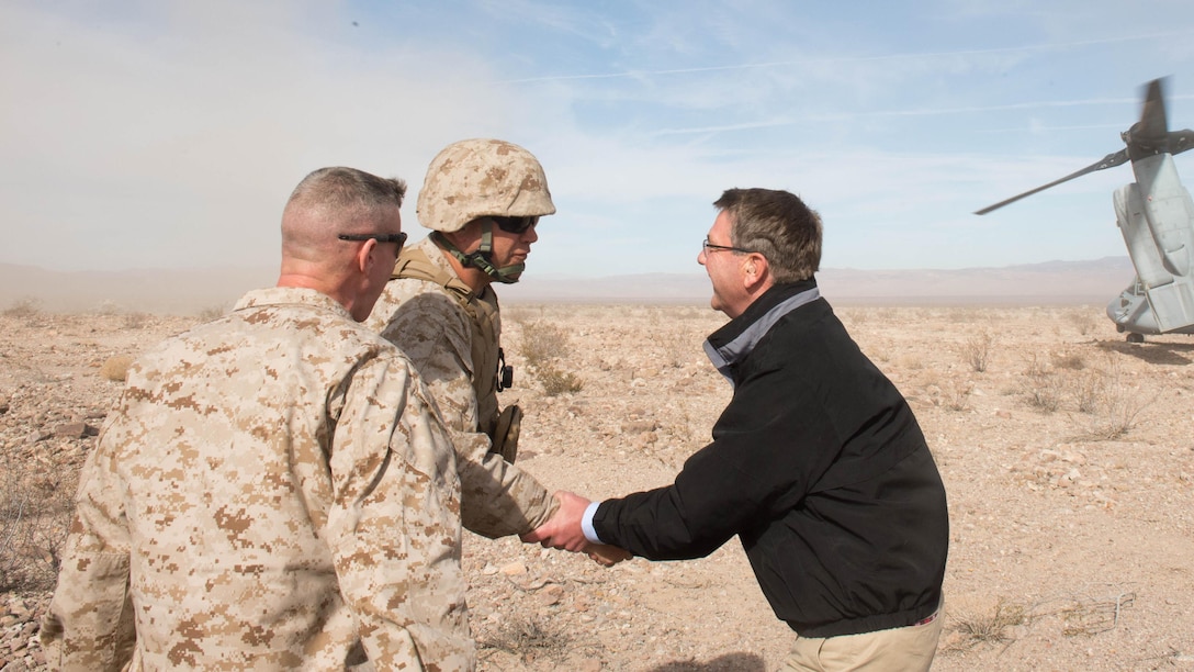 Defense Secretary Ash Carter shakes hands with Marines before observing a training exercise at Marine Corps Air Ground Combat Center at Twentynine Palms, Calif., Nov. 15, 2016. DoD photo by Army Sgt. Amber I. Smith