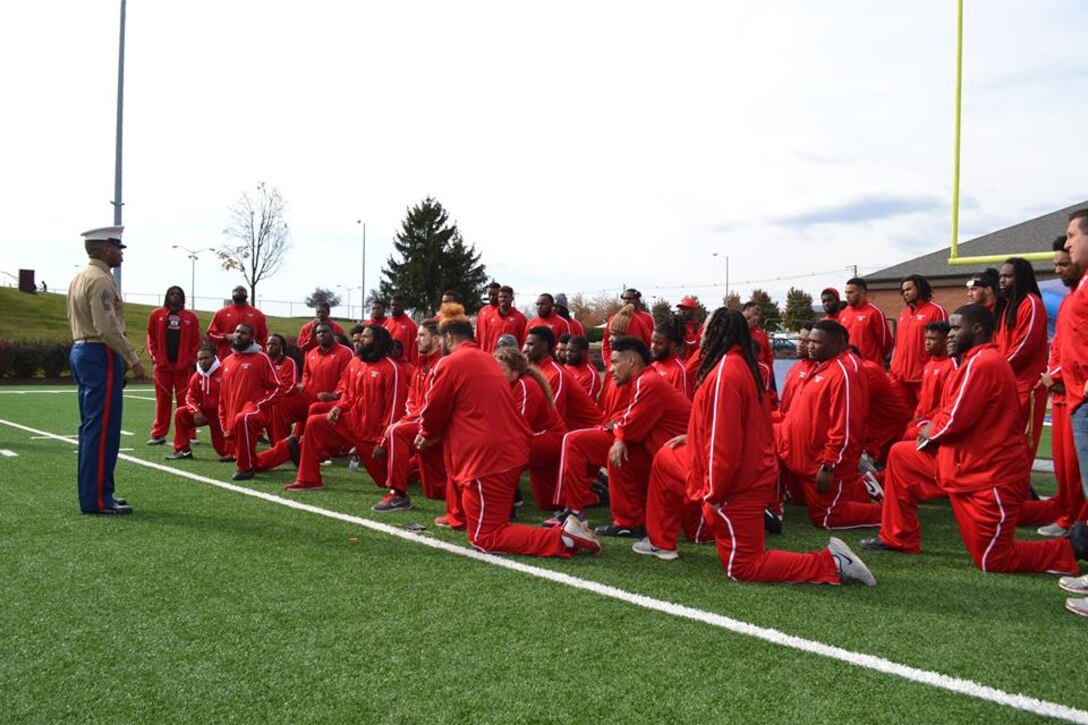 The Marine Corps Recruiting Command Office of Diversity speaks with participants of the CIAA Football Championship in Salem, Va., Nov. 11, 2016. The game was between Winston State Salem University and Bowie State University. Marines spoke with both teams about Veteran's Day and encouraged the players to do win. WSSU won the Championship and will advance to the first round of the NCAA Division II Football Championship.  