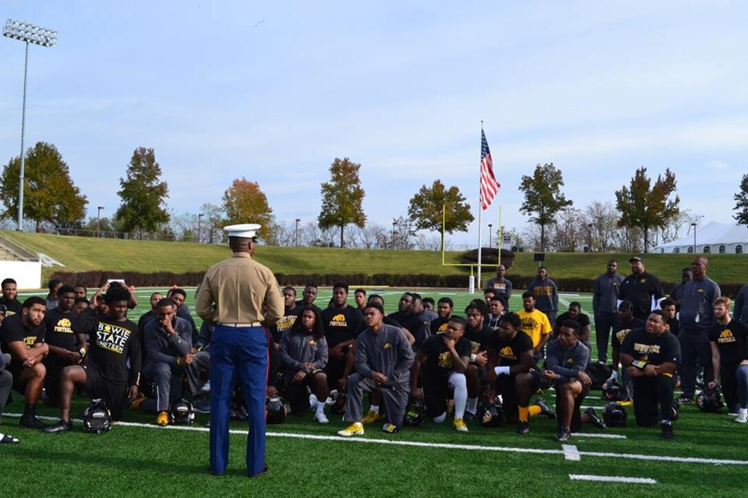 The Marine Corps Recruiting Command Office of Diversity speaks with participants of the CIAA Football Championship in Salem, Va., Nov. 11, 2016. The game was between Winston State Salem University and Bowie State University. Marines spoke with both teams about Veteran's Day and encouraged the players to do win. WSSU won the Championship and will advance to the first round of the NCAA Division II Football Championship.  