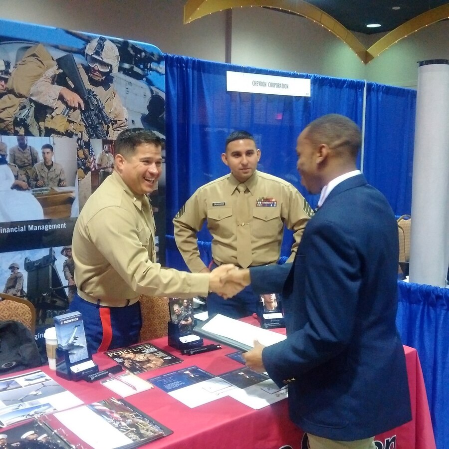 Marines from Recruiting Station Houston and the Officer Selection Team Houston meet with students at the National Society of Black Engineers Fall Regional Conference in Houston, Texas, Nov. 11. Students from across NSBE’s Region 5 attended the conference and received information about what it takes to become a Marine Corps Officer. The University of Houston’s NSBE chapter has more notoriety this year, after receiving multiple awards at the national conference, former NSBE President Patrick Guide II is set to graduate from Officer Candidates School and commission as a Second Lieutenant in the Marine Corps, Nov. 19.
