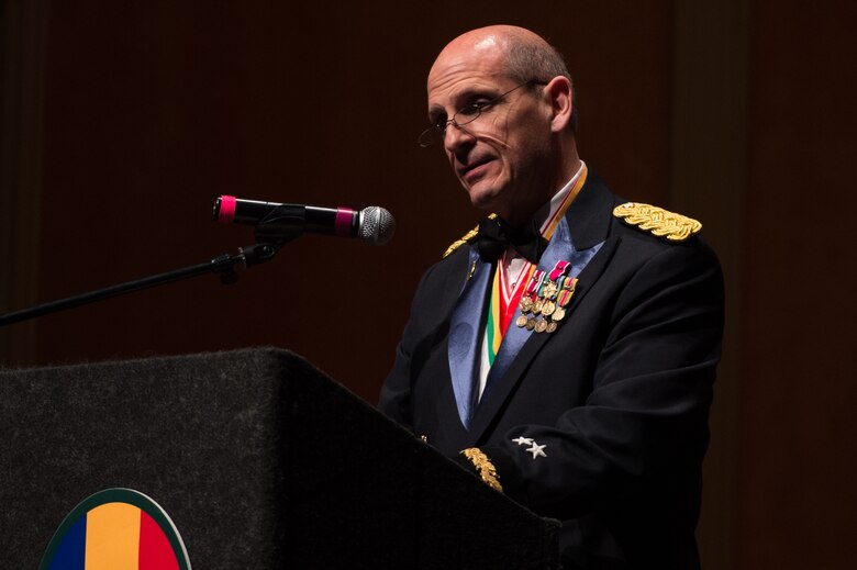 U.S. Army Maj. Gen. Paul Benenati, U.S. Army Training and Doctrine Command deputy chief of staff, welcomes attendees to the Veterans Day Concert in Virginia Beach, Va., Nov. 11, 2016. President Dwight D. Eisenhower officially changed the name from Armistice Day to Veterans Day in 1954. (U.S. Air Force photo by Airman 1st Class Derek Seifert)