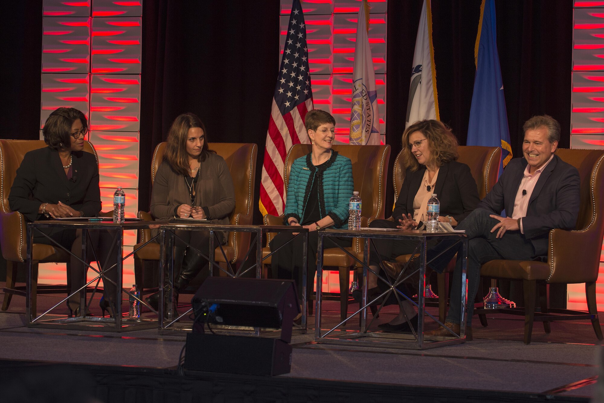 During the National Defense Transportation Association U.S. Transportation Command Fall Meeting, leaders came together to speak about women in leadership at the St. Louis Union Station Hotel,  St. Louis, Mo., Nov. 2, 2016. Leaders throughout Transportation came to speak on this matter, including Retired Lt. Gen. Kathy Gaines (center). (U.S. Air Force Photo by Senior Airman Megan Friedl)