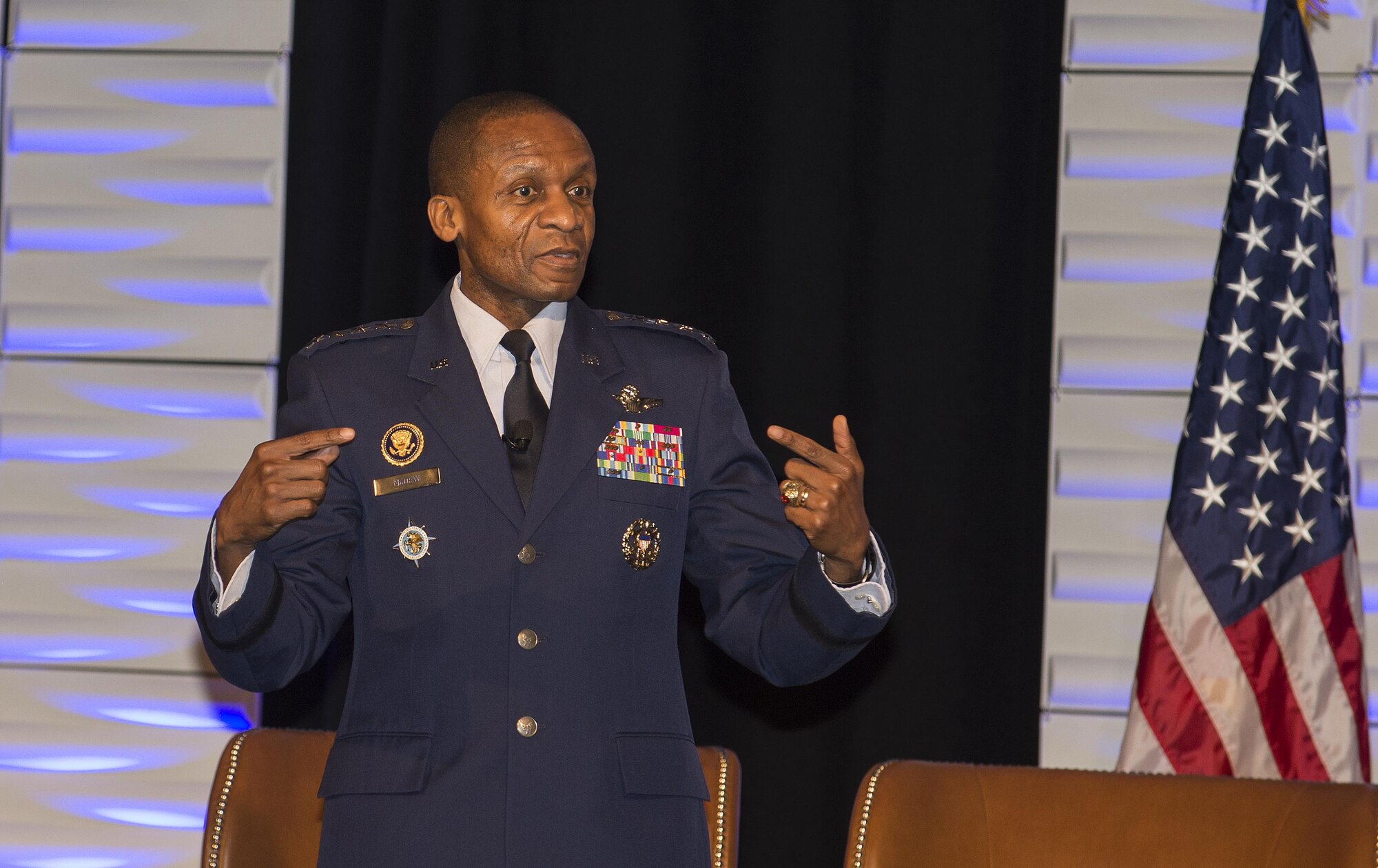 Gen. Darren McDew, U.S. Transportation Commander commander gives the keynote address during the National Defense Transportation Association USTRANSCOM Fall Meeting at the St. Louis Union Station, St. Louis, Mo., Nov. 1, 2016. McDew shared some of his thoughts on the future in transportation. (U.S. Air Force Photo by Senior Airman Megan Friedl)