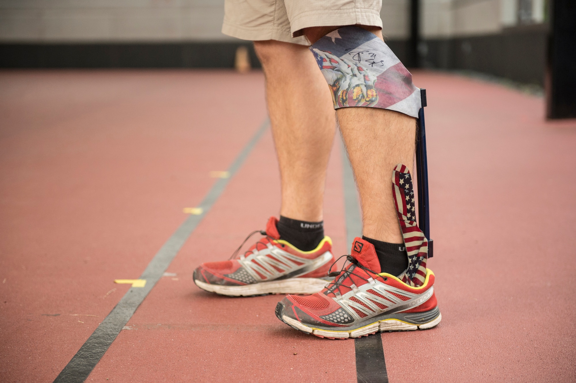 Wayne Strube, a former Air Force security forces patrolman, wears a customized Ideo brace that helps him rehab at the Center for the Intrepid at Fort Sam Houston, Texas, Sept. 13, 2016.  Strube currently serves military service members as the CFI physical therapist in charge of the Return to Run program at San Antonio Medical Center, Texas. The CFI Return to Run program is currently servicing active-duty service members and some civilians that have been injured in accidents. (U.S. Air Force photo/Tech Sgt. Vernon Young Jr.)