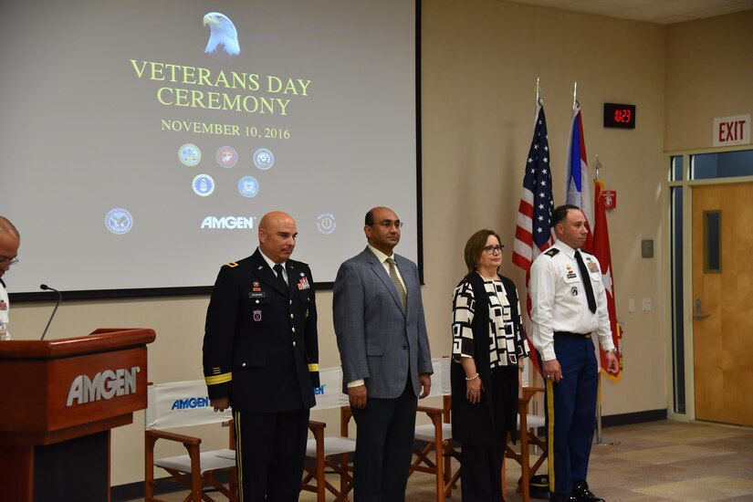 Veterans, family members, and fellow employees gathered at the Amgen headquarters for a Flag raising ceremony and Veterans Day event on November 10. Brig. Gen. Alberto C. Rosende, commanding general for the 1st Mission Support Command and guest speaker of the event, took a few minutes to discuss the importance of Veterans Day and thank every Veteran and their family for their dedication and sacrifice.