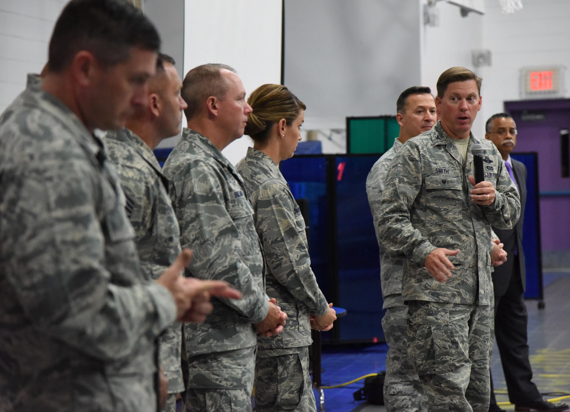 Col. C. Mike Smith, 81st Training Wing vice commander, delivers remarks during a Town Hall meeting and Children’s Carnival event at the Youth Center Nov. 15, 2016, on Keesler Air Force Base, Miss. The event included a Q-and-A session with base leadership, updates from the Keesler Medical Center, family housing and 81st Force Support Squadron, as well as dinner and entertainment for children of those who attended. (U.S. Air Force photo by Kemberly Groue/Released)