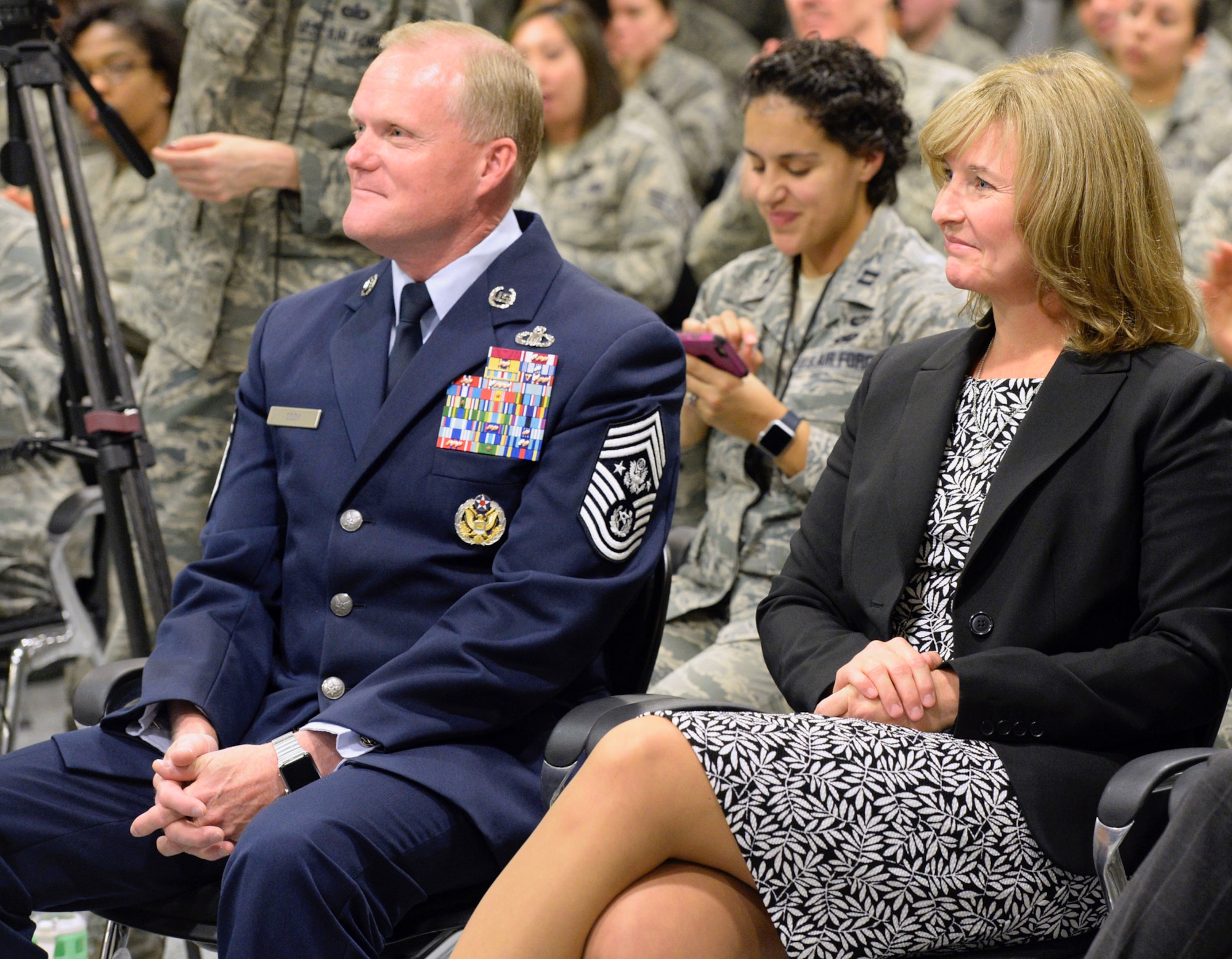 Chief Master Sgt. of the Air Force James A. Cody sits with wife, retired Chief Master Sgt. Athena Cody, after Air Force senior leaders announced Chief Master Sgt. Kaleth O. Wright  as the 18th CMSAF at the Pentagon Nov. 16, 2016. (U.S. Air Force photo/Staff Sgt. Alyssa C. Gibson)