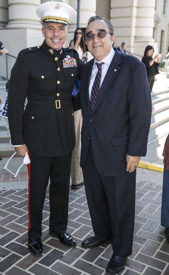 Brig. Gen. Paul Lebidine (left), commanding general, 4th Marine Division poses for a photo with former Pasadena Mayor Bill Paparian (right), during a Veteran’s Day and Marine Forces Reserve Centennial celebration at Pasadena City Hall, Nov. 11, 2016. The Marine Corps Reserve marked 100 years of service on Aug. 29, 2016. For information on the history and heritage of the Marine Corps Reserve as well as current Marine stories and upcoming Centennial events, please visit www.marines.mil/usmcr100. 