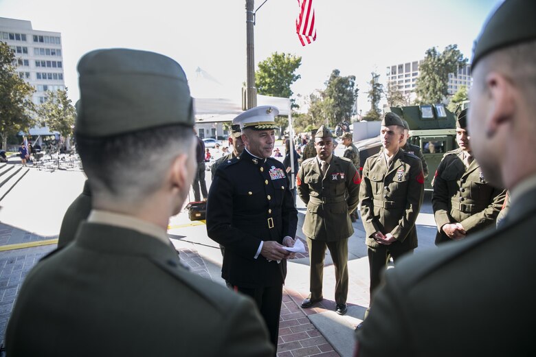 Brig. Gen. Paul Lebidine, commanding general, 4th Marine Division, speaks to Marines at a Veteran’s Day Centennial celebration, Nov. 11, 2016. The Marine Corps Reserve marked 100 years of service on Aug. 29, 2016.  For information on the history and heritage of the Marine Corps Reserve as well as current Marine stories and upcoming Centennial events, please visit www.marines.mil/usmcr100. 