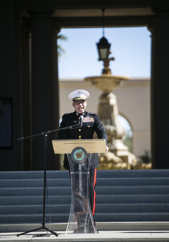 Brig. Gen. Paul Lebidine, commanding general, 4th Marine Division, speaks at a Veteran’s Day and Marine Forces Reserve Centennial celebration, Nov. 11, 2016. The Marine Corps Reserve marked 100 years of service on Aug. 29, 2016.  For information on the history and heritage of the Marine Corps Reserve as well as current Marine stories and upcoming Centennial events, please visit www.marines.mil/usmcr100. 