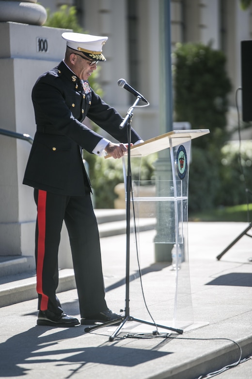 Brig. Gen. Paul Lebidine, commanding general, 4th Marine Division, speaks at a Veteran’s Day and Marine Forces Reserve Centennial celebration, Nov. 11, 2016, at Pasadena City Hall to honor the men and women of the United States Armed Forces. The Marine Corps Reserve marked 100 years of service on Aug. 29, 2016. For information on the history and heritage of the Marine Corps Reserve as well as current Marine stories and upcoming Centennial events, please visit www.marines.mil/usmcr100. 