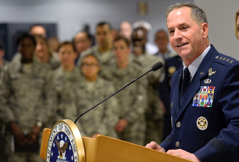 Air Force Chief of Staff Gen. David L. Goldfein announces Chief Master Sgt. Kaleth O. Wright as the 18th Chief Master Sergeant of the Air Force at the Pentagon Nov. 16, 2016. Wright will replace current Chief Master Sgt. of the Air Force James A. Cody as the Air Force’s senior enlisted member after Cody retires in early 2017.  (U.S. Air Force photo/Staff Sgt. Alyssa C. Gibson)