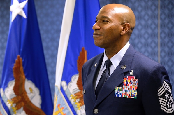 Chief Master Sgt. Kaleth O. Wright  stands after being named the 18th Chief Master Sergeant of the Air Force at the Pentagon Nov. 16, 2016. As the CMSAF, Wright will represent the highest enlisted level of leadership, and serve as personal adviser to the Air Force’s Secretary and Chief of Staff on enlisted issues. (U.S. Air Force photo/Staff Sgt. Alyssa C. Gibson)