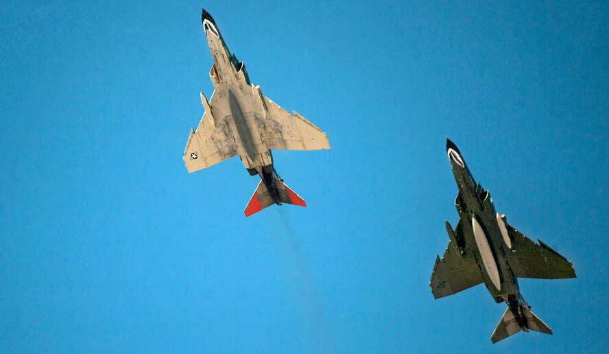 Lt. Col. Ron “Elvis” King and Jim Harkins, pilots from Holloman AFB, N.M., perform aerial acts in QF-4 Aerial Targets during the Aviation Nation air show on Nellis Air Force Base, Nev. Nov. 11, 2016. The event brought more than 295,000 spectators to view one of their final performances before retiring the aircraft. 
