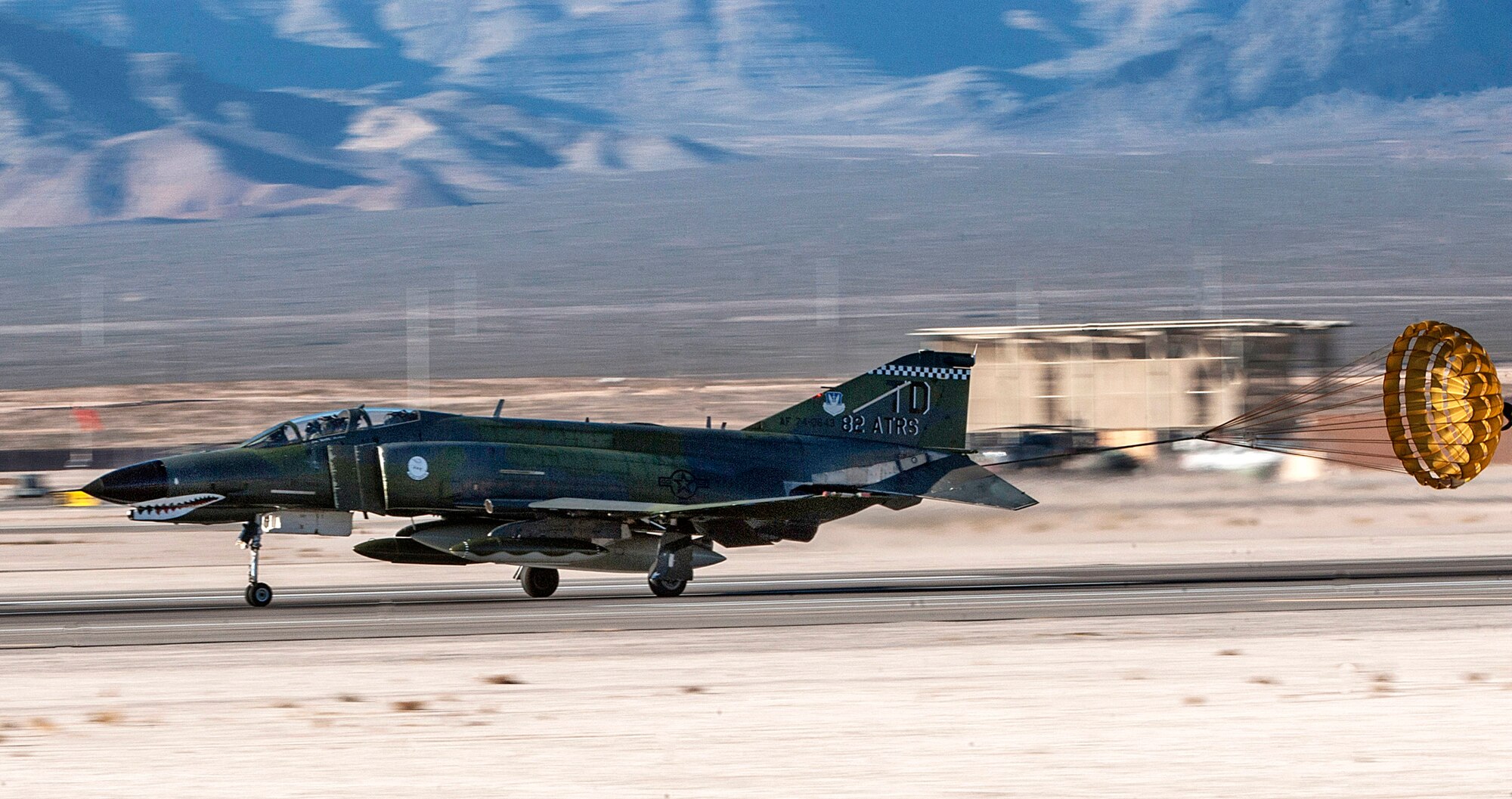 A QF-4 Aerial Target lands on the flight line at Nellis Air Force Base, Nev., during the Aviation Nation air show on Nov. 11, 2016. The QF-4 was piloted by Lt. Col. Ron King, 82nd Aerial Targets Squadron Detachment 1 commander, at Holloman AFB, New Mexico. 