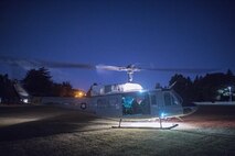 A U.S. Air Force UH-1N Iroquois assigned to the 459th Airlift Squadron lands at U.S. Army Sagami General Depot, Nov. 9, 2016, during the Keen Sword 17. The 459th AS and Komatsu Air RQS Airmen conducted a three-day NVGs and hoist familiarization training. (U.S. Air Force photo by Yasuo Osakabe/Released)  