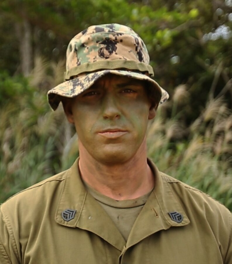 Staff Sgt. David Rogers poses for a photo during Blue Chromite 2017 at the Central Training Area in Okinawa Japan Nov. 2. Blue Chromite is a U.S.-only exercise which strengthens the Navy-Marine Corps expeditionary, amphibious rapid-response capabilities based in Okinawa and greater Indo-Asia-Pacific region. Rogers is a platoon sergeant with Company I, 3rd Battalion, 3rd Marine Regiment, 3rd Marine Division, III Marine Expeditionary Force. (U.S. Marine Corps photo by Lance Cpl. Kelsey Dornfeld/ Released)