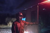 Japan Air Self-Defense Force Capt. Daichi Nukimoto, Komatsu Air Rescue Squadron U125A pilot, performs a visual conformation with night vision goggles before boarding a U.S. Air Force UH-1N Iroquois at Combined Arms Training Center Camp Fuji, Nov. 9, 2016, during the Keen Sword 17. The 459th AS and Komatsu Air RQS Airmen conducted a three-day NVGs and hoist familiarization training. (U.S. Air Force photo by Yasuo Osakabe/Released)  