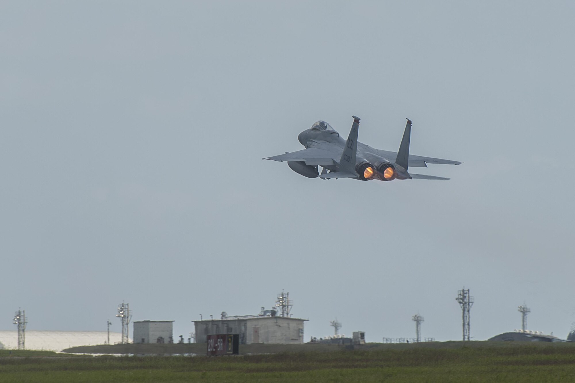A U.S. Air Force F-15 Eagle from the 67th Fighter Squadron takes off Nov. 16, 2016, at Kadena Air Base, Japan. The F-15 has electronic systems and weaponry to detect, acquire, track and attack enemy aircraft while operating in friendly or enemy-controlled airspace. (U.S. Air Force photo by Airman 1st Class Corey M. Pettis/Released)