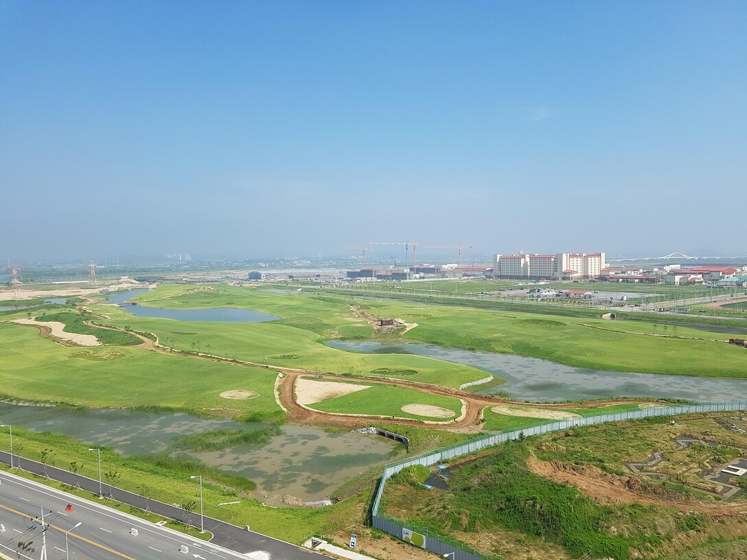 Photo was taken atop a water tower at Camp Humphreys on July 19 and show many of the Far East District's current projects there. You can see the new golf course, commissary, post exchange, flag level housing, and other facilities taking shape. 