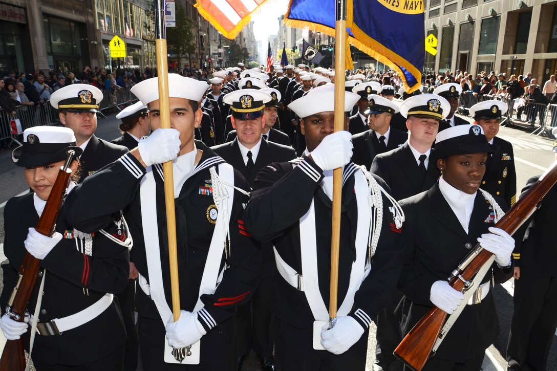 Sailors march up 5th Avenue in New York City, Nov. 11, 2016, during America's Parade, the nation's largest celebration of Veterans Day. More than half a million spectators lined the route to show their support for the country's veterans. The sailors are assigned to Navy Recruiting District New York. Navy photo by Chief Petty Officer Travis Simmons