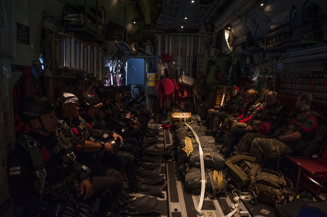 U.S. Air Force pararescuemen from the 31st Rescue Squadron and Japan Air Self-Defense Force prepare for Exercise Keen Sword 17 Nov. 10, 2016, off the coast of Okinawa, Japan. The alliance between the U.S. and Japan maintains peace and security in the Pacific. (U.S. Air Force photo by Senior Airman Lynette M. Rolen/Released)