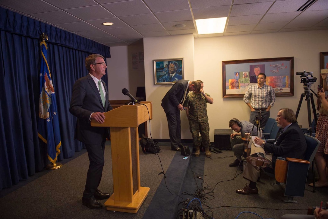 Defense Secretary Ash Carter speaks to the press during a visit to Joint Base San Antonio-Randolph, Texas.