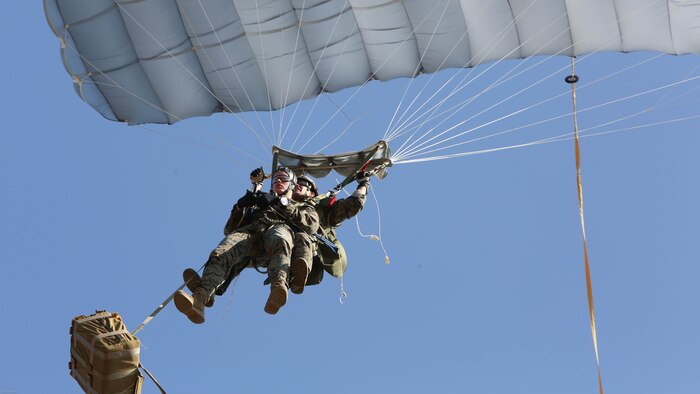 Marines from 2nd Reconnaissance Battalion conduct a tandem freefall at Skydive Paraclete XP in Raeford N.C., Nov. 2, 2016. The training they received is part of a Tandem Offset Resupply Delivery System Course, which will certify them to jump with personnel or equipment. 