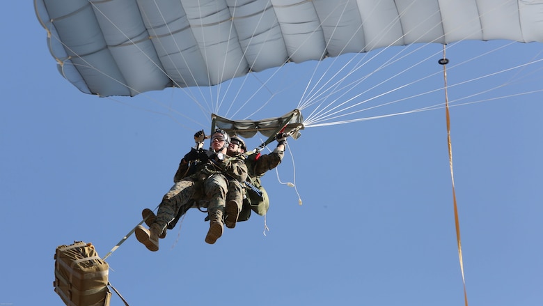 Marines from 2nd Reconnaissance Battalion conduct a tandem freefall at Skydive Paraclete XP in Raeford N.C., Nov. 2, 2016. The training they received is part of a Tandem Offset Resupply Delivery System Course, which will certify them to jump with personnel or equipment. 