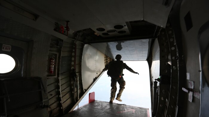 A Marine from 2nd Reconnaissance Battalion exits an aircraft at Skydive Paraclete XP in Raeford, N.C., Nov. 3, 2016. The unit participated in jump training as part of a Tandem Offset Resupply Delivery System Course, which certifies Marines to jump with personnel and equipment. 