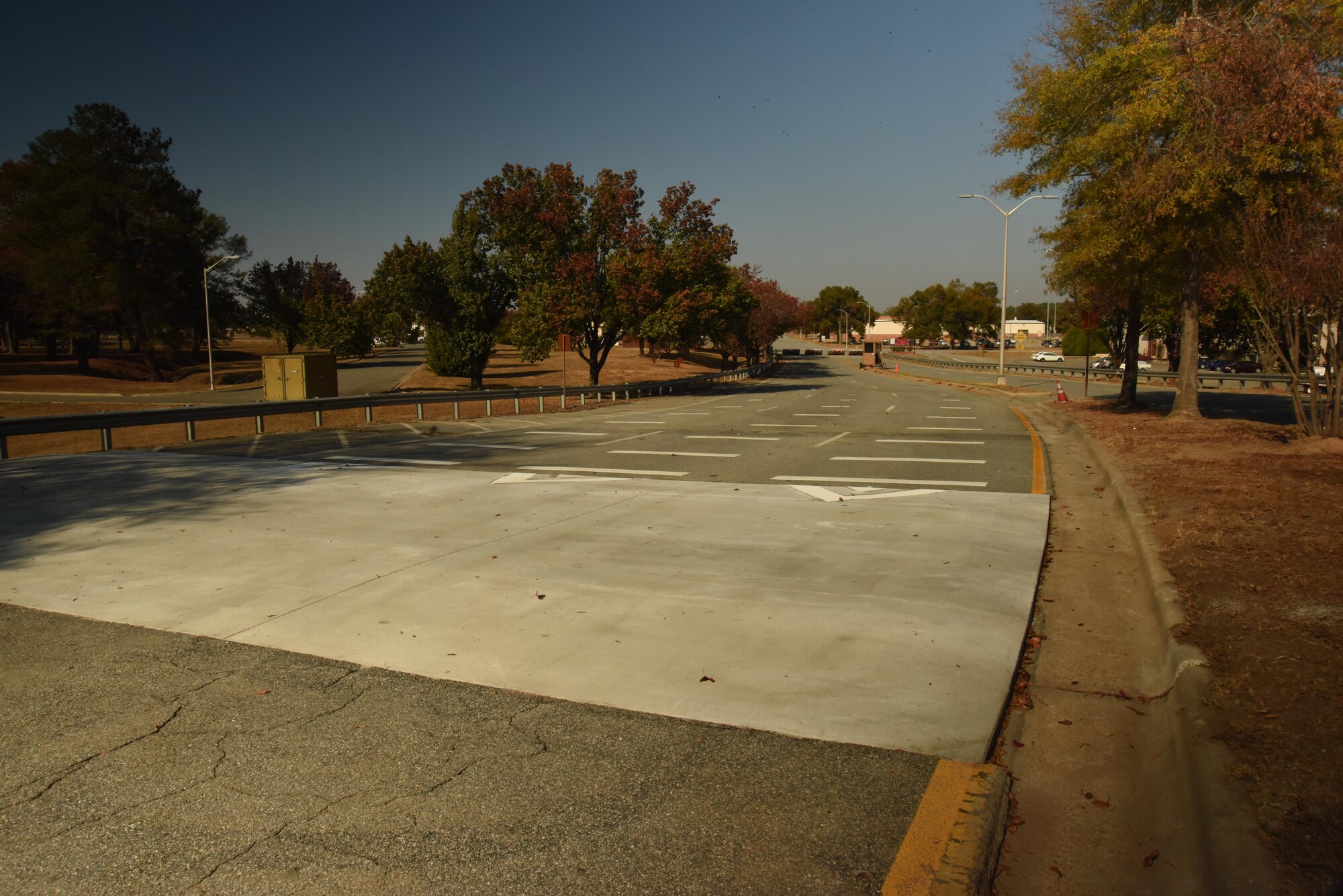 Construction on traffic-calming devices at the Russell Parkway gate has been completed, and the gate is now open for normal operations. The three-phase construction project now moves on to the Green Street Gate beginning Nov. 28, followed by the Watson Boulevard Gate beginning Jan. 5. (U.S. Air Force photo by Ed Aspera)