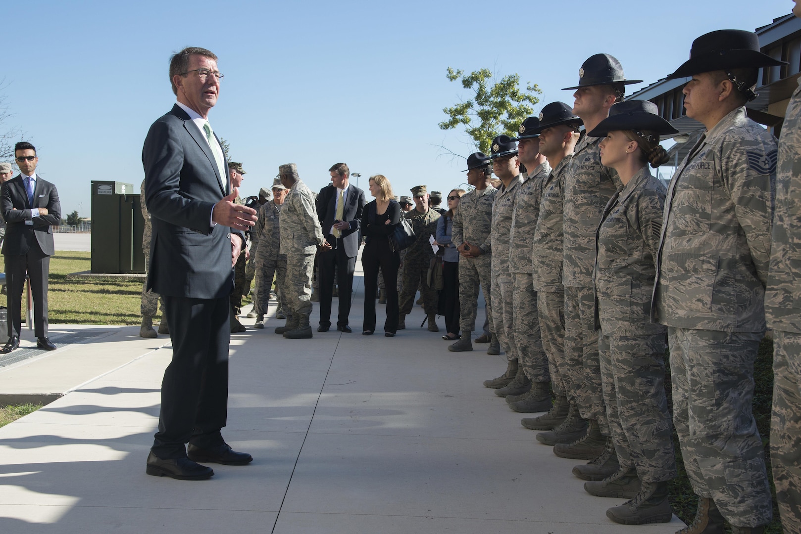 Defense Secretary Ash Carter speaks to U.S. Air Force basic military training instructors during his visit to Joint Base San Antonio-Lackland, Nov. 16, 2016.  Carter is on a four-day trip focusing on the readiness of the nation’s force and the effectiveness of the warfighter’s training and equipment.  (U.S. Air Force photo by Sean M. Worrell/Not Released)