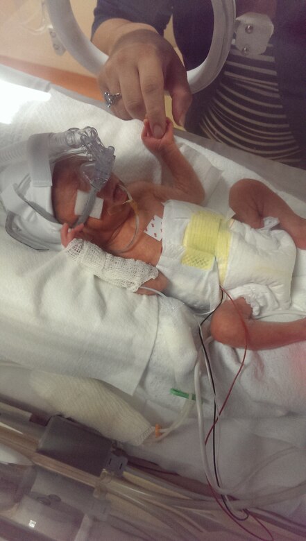 Baby Armstrong recovering in the Neonatal Intensive Care Unit at Udine, Italy, after he was born 13 weeks premature Dec. 2, 2013, where he spent 61 days in the hospital before being released. (Photo by Tech. Sgt. Jason Armstrong)
