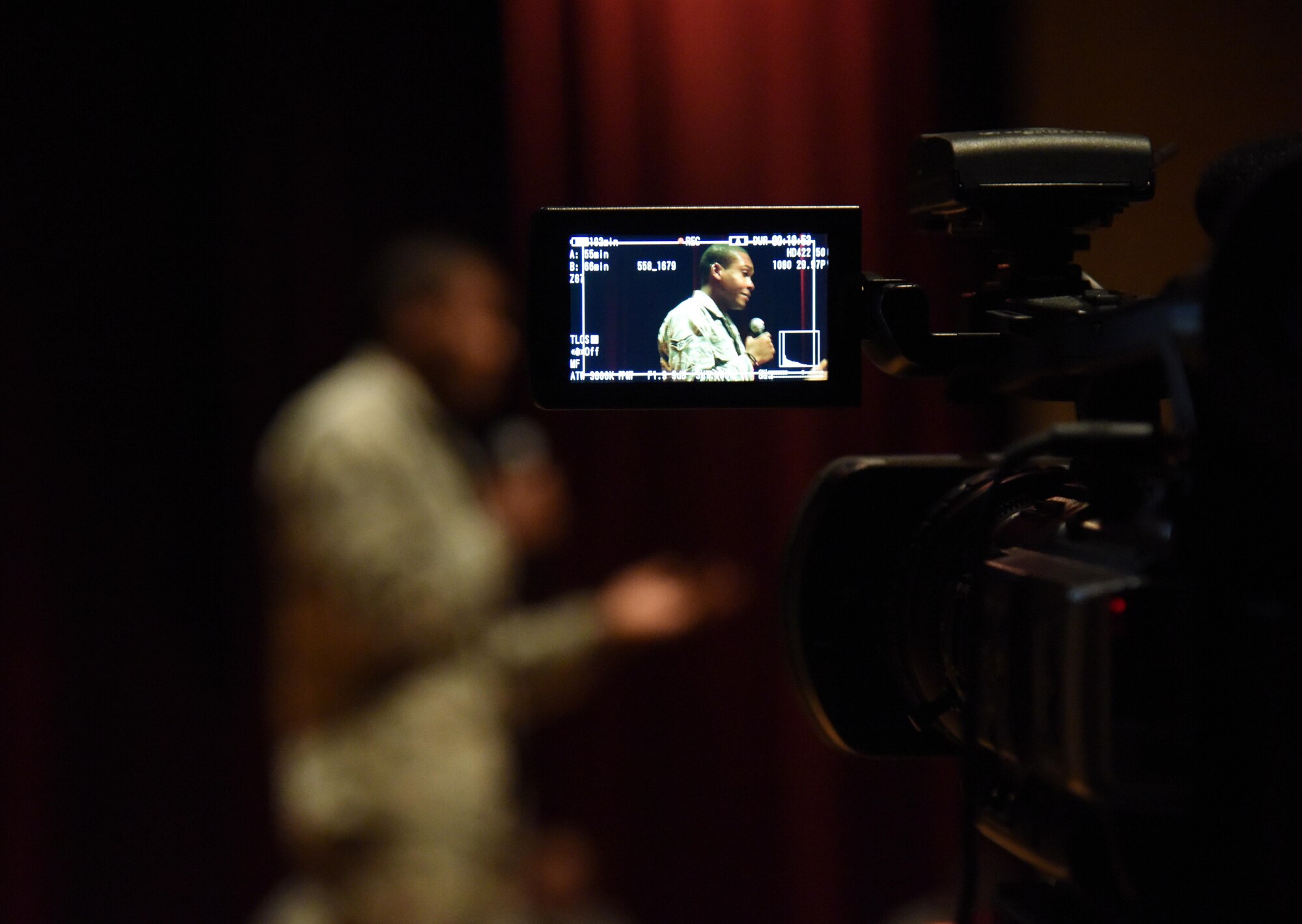 Airman 1st Class Rayan Paul, 81st Diagnostic and Therapeutics Squadron pharmacy technician, shares his story about overcoming an accident and being resilient during a Storytellers event at the Welch Theater Nov. 16, 2016, on Keesler Air Force Base, Miss. The event, consisting of three speakers, was one of several events held throughout Dragon Week, which focuses resiliency and teambuilding initiatives across the base. (U.S. Air Force photo by Kemberly Groue/Released)