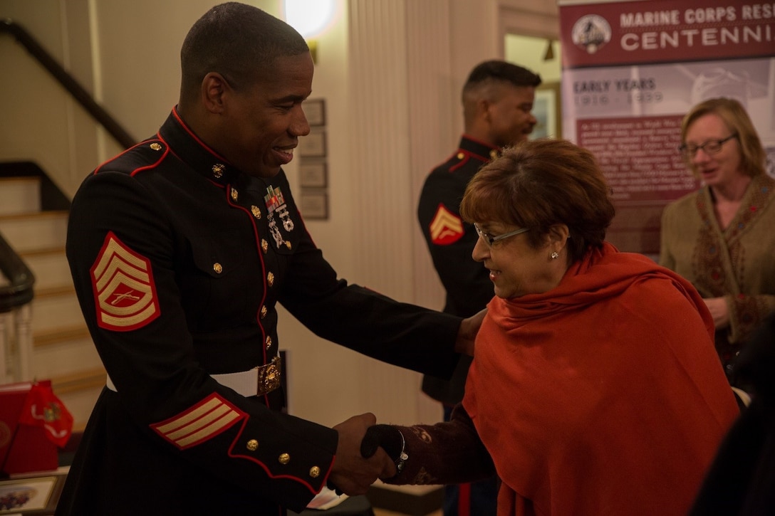 Gunnery Sgt. Justin A. Hauser, enlisted conductor for Marine Corps Band New Orleans, thanks guests for attending the Marine Forces Reserve Centennial Celebration concert at Plymouth Memorial Hall, Nov. 11, 2016. Marine Forces Reserve is commemorating 100 years of rich history, heritage and espirit de corps across the U.S. This concert was part of a series of events to recognize the long standing bond between Massachusetts. (U.S. Marine Corps photo by Cpl. Melissa Martens/ Released