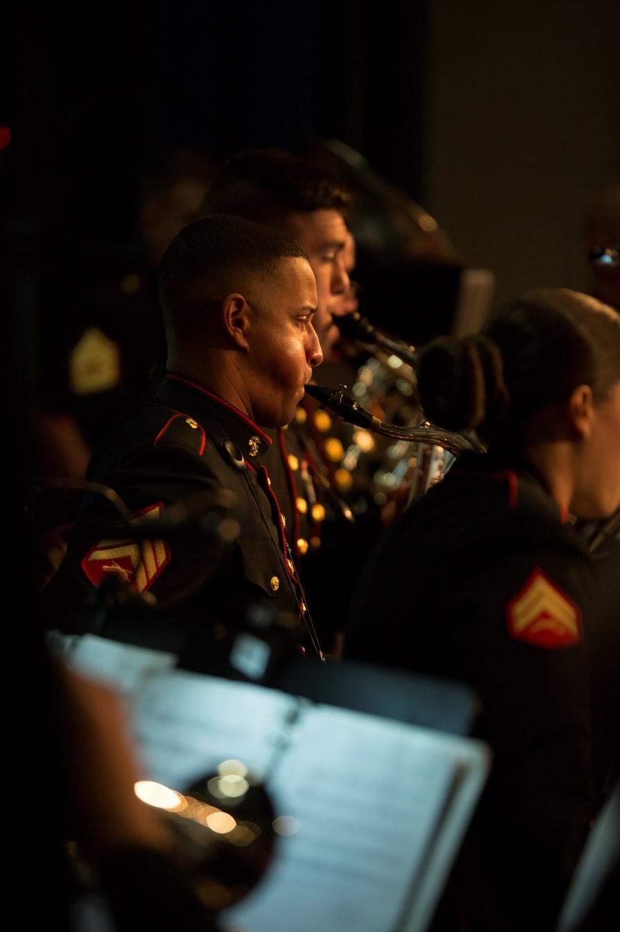Sergeant Dominque Lewis from Marine Corps Band New Orleans plays saxophone during a concert for local residents to celebrate the Marine Corps Reserve Centennial at Plymouth Memorial Hall, Nov. 11, 2016. For 100 years, the Marine Corps has served as our nation’s premier force in readiness, due in large part to the steadfast performance of the men and women of the Reserve Component. This concert was part of a series of events to recognize the long standing bond between Massachusetts and the Marine Corps Reserve. (U.S. Marine Corps photo by Cpl. Melissa Martens/ Released)