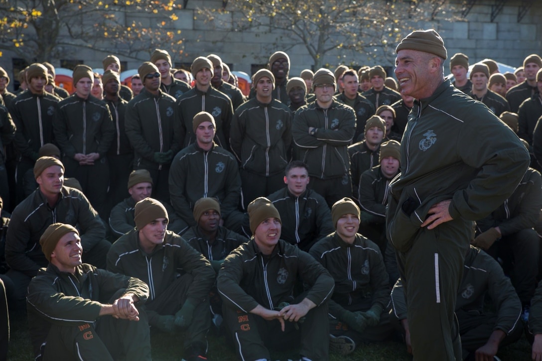 Brigadier General Paul K. Lebidine (center), commanding general of 4th Marine Division, leads the Marines of 1st Battalion, 25th Marine Regiment, through the finish line of the Disabled American Veterans 5K run at Fort Independence on Castle Island in Boston, Nov. 12, 2016. From World War I through the wars in Iraq and Afghanistan, the Marine Corps Reserve has played an essential role in the Marine Corps Total Force by augmenting and reinforcing the Active Component across the full range of military operations. Reserve Marines bring unique skills and advanced degrees from their civilian occupations into their service with the Marine Corps. (U.S. Marine Corps photo by Cpl. Melissa Martens/ Released) 