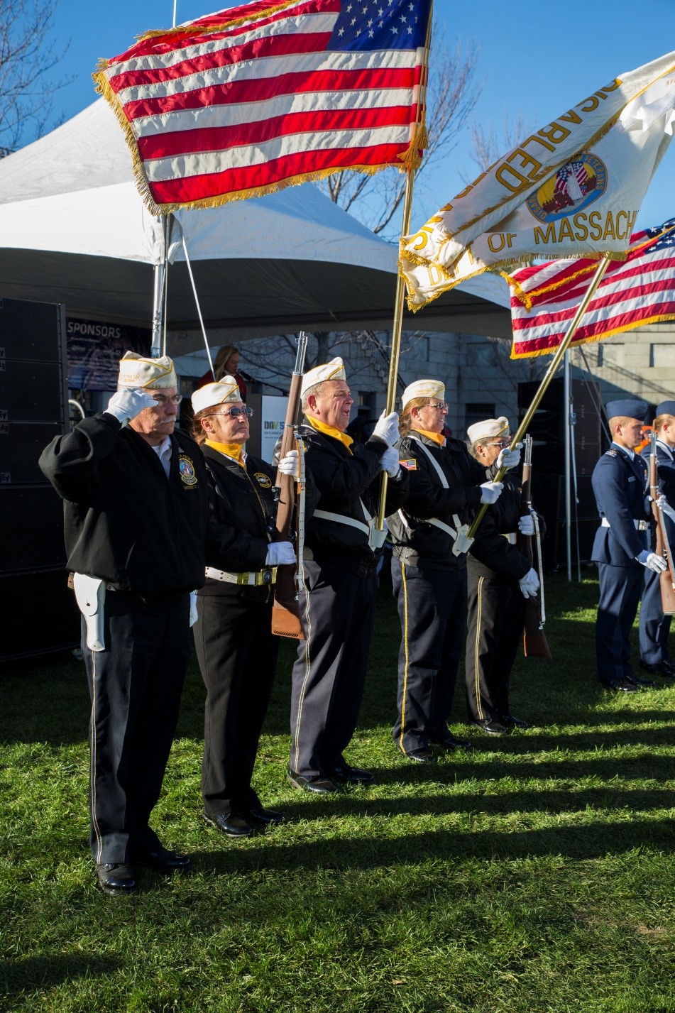 The Disabled American Veterans Color Guard presents the Colors during the singing of the national anthem before the start of the DAV 5K run at Fort Independence on Castle Island in Boston, Nov. 12, 2016. The run was part of a series of events celebrating the Marine Corps Reserve Centennial.  Reserve Marines have served alongside their active duty counterparts in every clime and place for 100 years, leaving an indelible mark on the battle history of the Marine Corps.  (U.S. Marine Corps photo by Cpl. Melissa Martens/ Released)