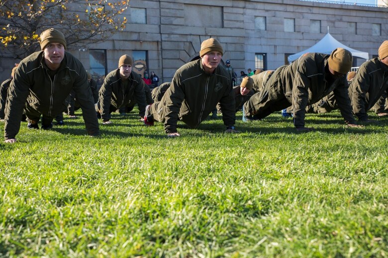 Marines from 1st Battalion, 25th Marine Regiment, 4th Marine Division, participate in dynamic warmups before the start of the Disabled American Veterans 5K run at Fort Independence on Castle Island in Boston, Nov. 12, 2016. The run was part of a series of events celebrating the Marine Corps Reserve Centennial.  Reserve Marines have served alongside their active duty counterparts in every clime and place for 100 years, leaving an indelible mark on the battle history of the Marine Corps. (U.S. Marine Corps photo by Cpl. Melissa Martens/ Released) 