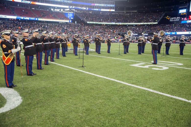 Marines from Marine Corps Band New Orleans perform during half-time at the New England Patriots game against the Seattle Seahawks at Gillette Stadium. Nov 13, 2016. The National Football League recognized service members before and during the game as part of their “Salute to Service” campaign. The band performed a Centennial concert to commemorate the 100th anniversary of the Marine Corps Reserve. (U.S. Marine Corps photo by Cpl. Melissa Martens/ Released) 