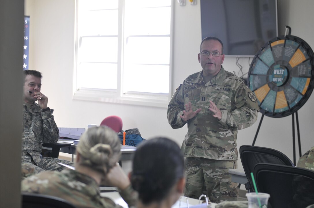 Sexual Assault Response Coordinators listen during a presentation given by Chaplain Efrain Avila-Juarbe, Nov. 9, Camp Parks, Dublin, Calif. Avila-Juarbe, a chaplain at Camp Parks, emphasized his ability to provide complete confidentiality during counseling sessions for victims. Avila-Juarbe also shared that all Soldiers are eligible for mental health counseling through the Family Life Program. His presentation was part of a 10-day certification course for 35 SARC coordinators assigned to the command and subordinate units, Oct. 31 - Nov. 10.  (U.S. Army Reserve photo by Sgt. 1st Class LaTonya Kelly)