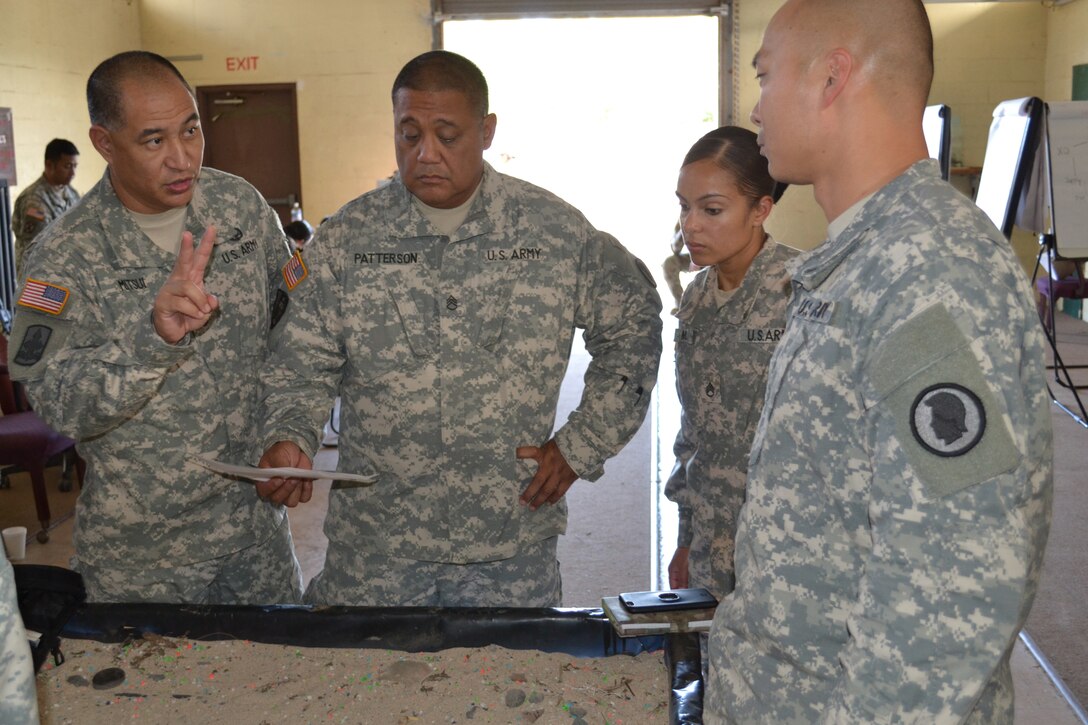 Sgt. 1st Class Matthew Mitsui, an instructor for the 4960th Multi-Functional Training Brigade pilot Army Medical Department Advanced Leader Course Phase II, explains a training exercise to students. The course was held at Fort Shafter Flats, Hawaii, October 30 - November 12, 2016.